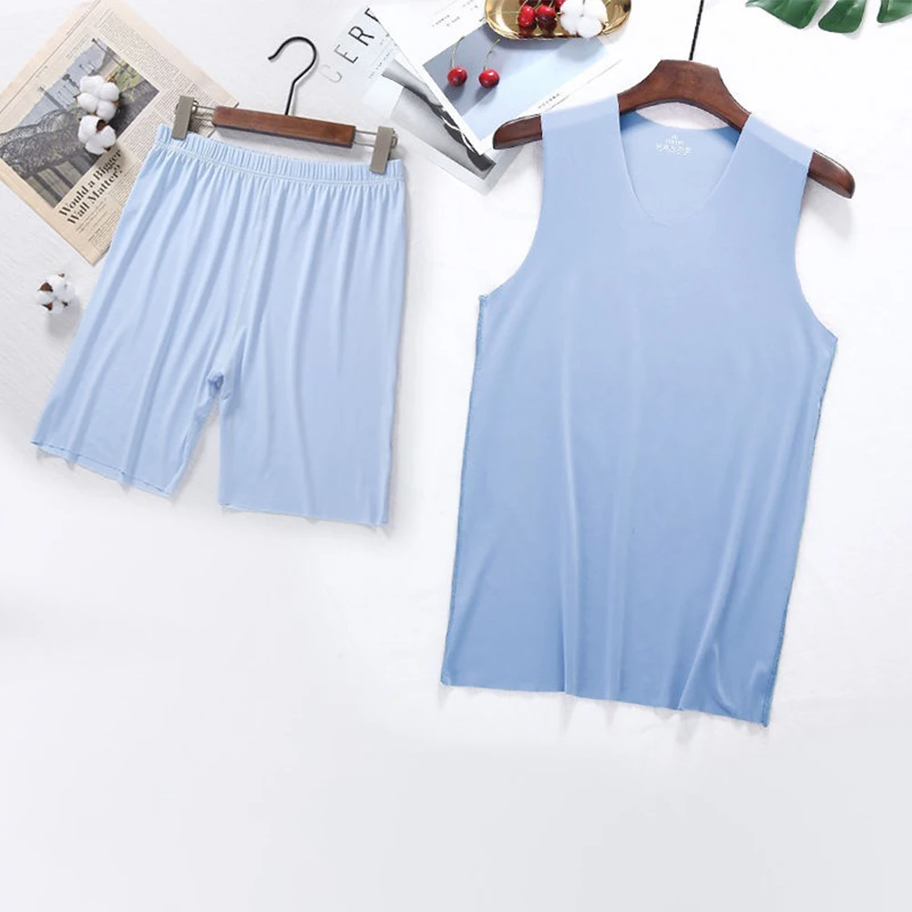 

Summer Men Ice Silk Tank Tops +Short Sleepwear Set Man Sleeveless Vest V-Neck T-shirts Soft Smooth Pajamas Silky Underwear