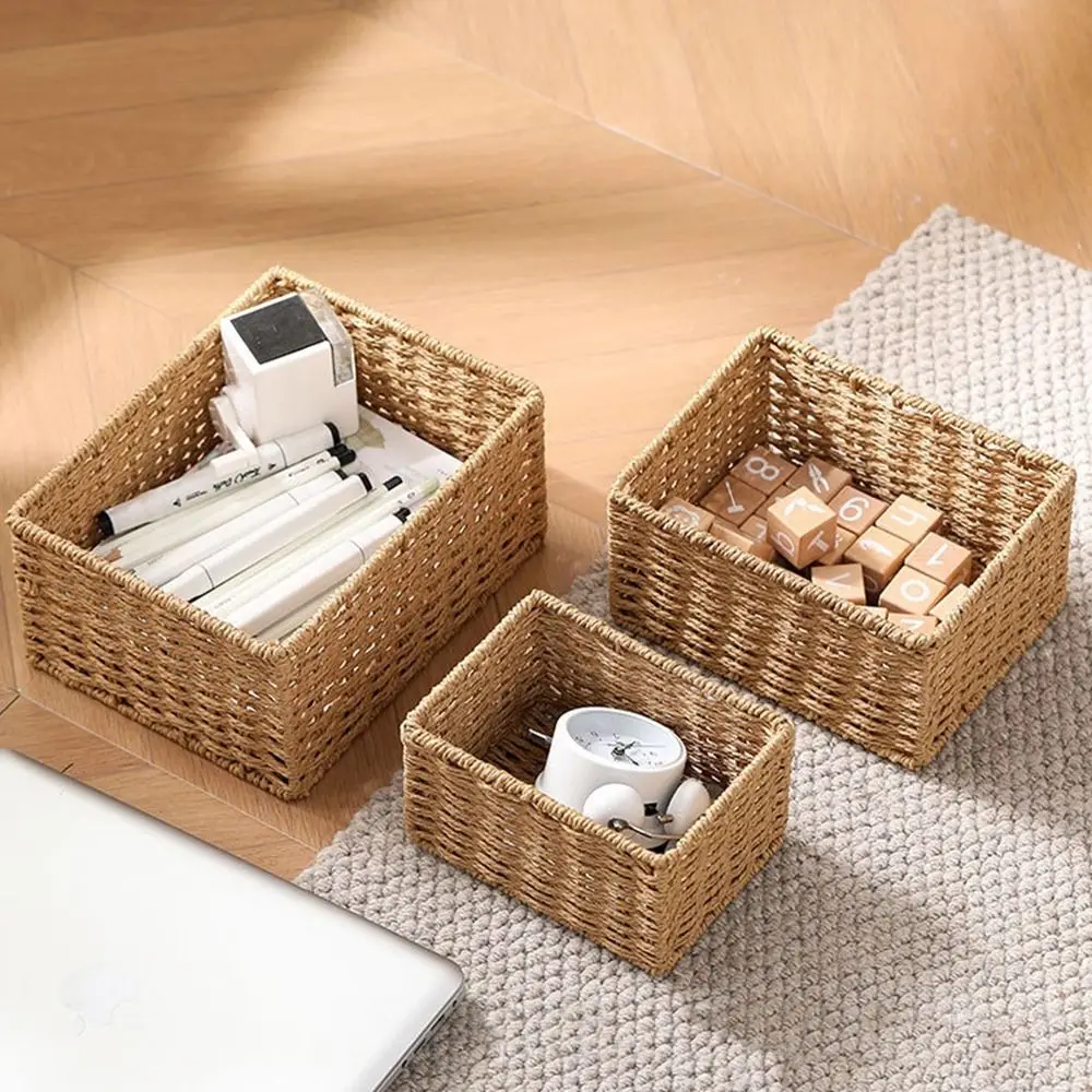

Handmade Woven Storage Basket Large Capacity Rectangular Cosmetics Storage Box Household Coffee Table Storage Basket Bathroom