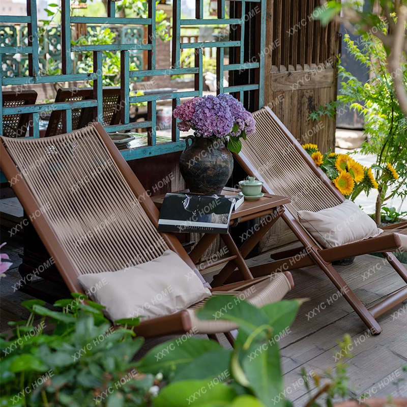

Outdoor recliner balcony household adult lazy rattan small leisure single backrest rattan chair table and chair combination