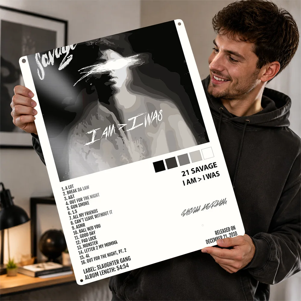 21 Savage Portrait Tracklist Printed Poster Monochrome Wall Art For Bedroom Personalized Aluminum Metal Sign Housewarming Gift