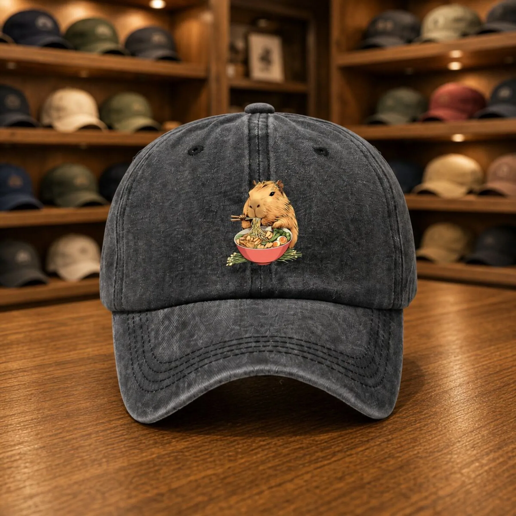 Capybara Eating Ramen Bowl Retro Washed Baseball Cap Unisex Casual Distressed Cap for Daily Outdoor Wear