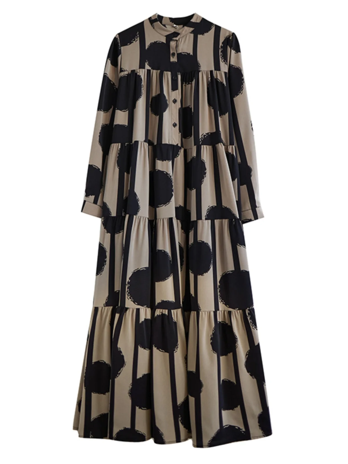 Vestido Longo E F Primavera Outono Saia Godê de Cintura Alta com Estampa de Bolinhas Moda Coreana