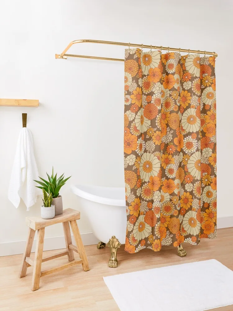 70s retro daisies, vintage flower power, orange and brown, boho,Shower Curtain Window Modern Showers For Bathroom Curtain