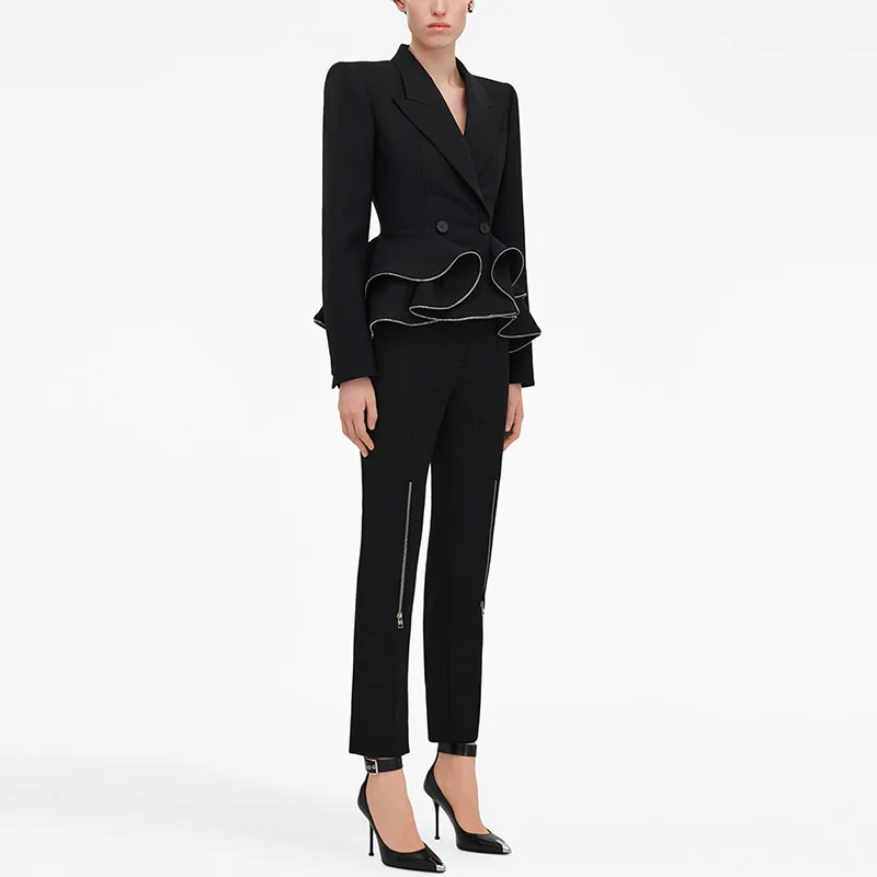 HKSH Spring Autumn New Women Two-piece Set Waist Cinching Ruffled Hem Blazer Coat Zipper Decorate Pencil Pants Elegant Ins H2725