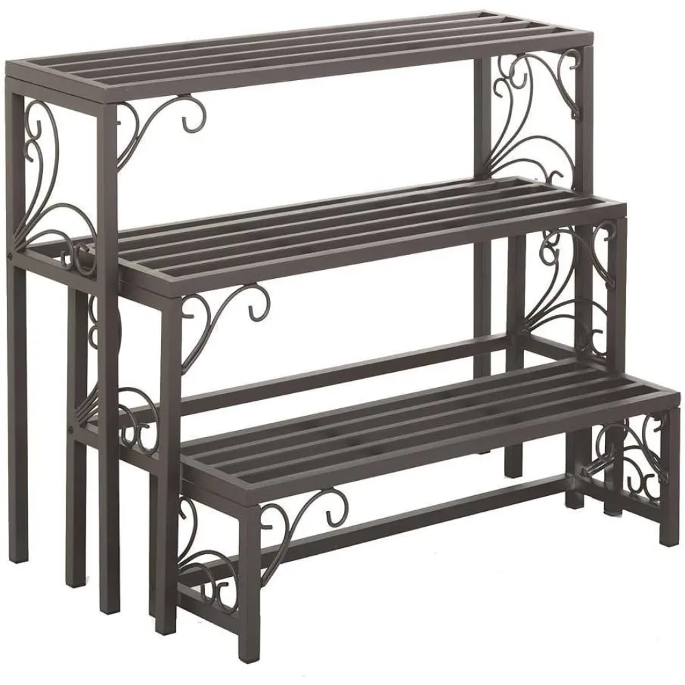 Nesting Potted Plant Stands, Set of 3, Tubular Steel, Powder-Coated Gunmetal Finish, Largest Is 35¾ in W x 11 in D x 29½ in H