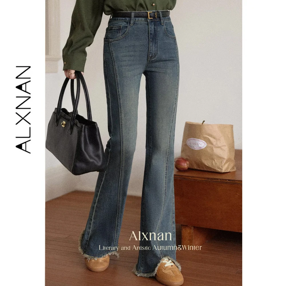 ALXNAN Women's Jeans Vintage Blue Micro-lapped Split Cotton Jeans 2026 Autumn High-waist Straight Elegant Casual Pants L56815