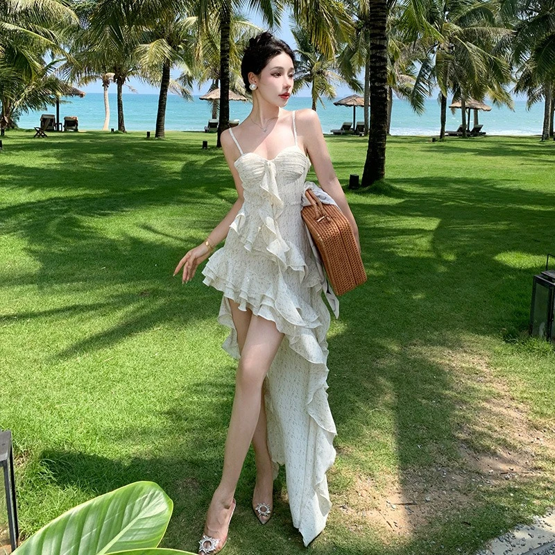 

French Smart Floral Fairy Long Dress Cut Irregular Layering Ruffle Edge Sexy Vacation Suspender Temperament Fashion Comfort