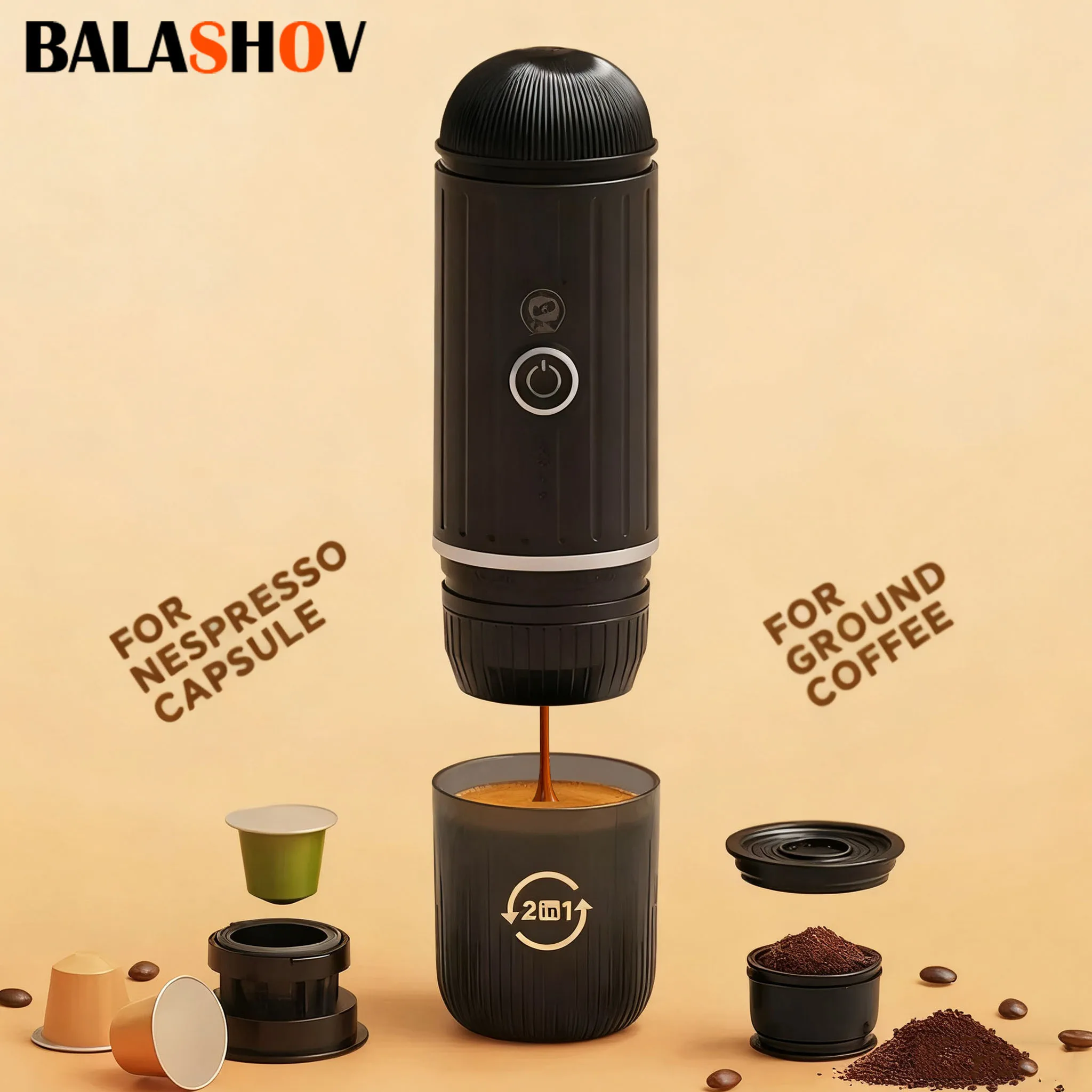 2-in-1 tragbare elektrische kabellose Espressomaschine für Auto und Zuhause, Camping, tragbare Kaffeemaschine, Kapsel und gemahlener Kaffee