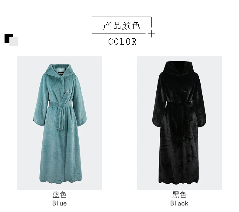 Nerazzurri Autumn Winter Extra Long Luxury Elegant Thick Warm Black Soft Fluffy Faux Rex Rabbit Fur Coat Women with Hood Sashes