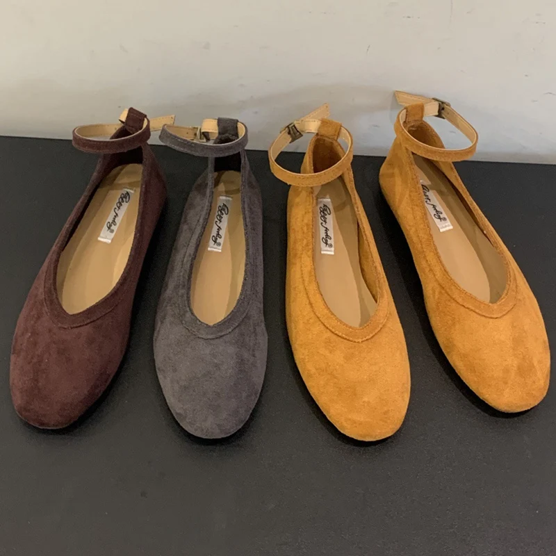 

Vintage Woman Versatile Evening Commuter Faux Suede Ballet Flats Shoes High Quality One-Word Buckle And Suede Mary Jane Shoes