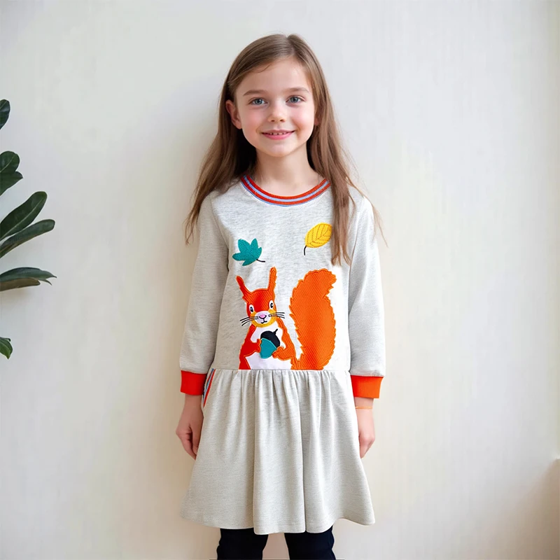 Little Maven Baby Kinder Langarm Kleid Applikationen Eichhörnchen Mädchen Partykleid Herbst Freizeitkleidung für Kinder Weihnachtskleider