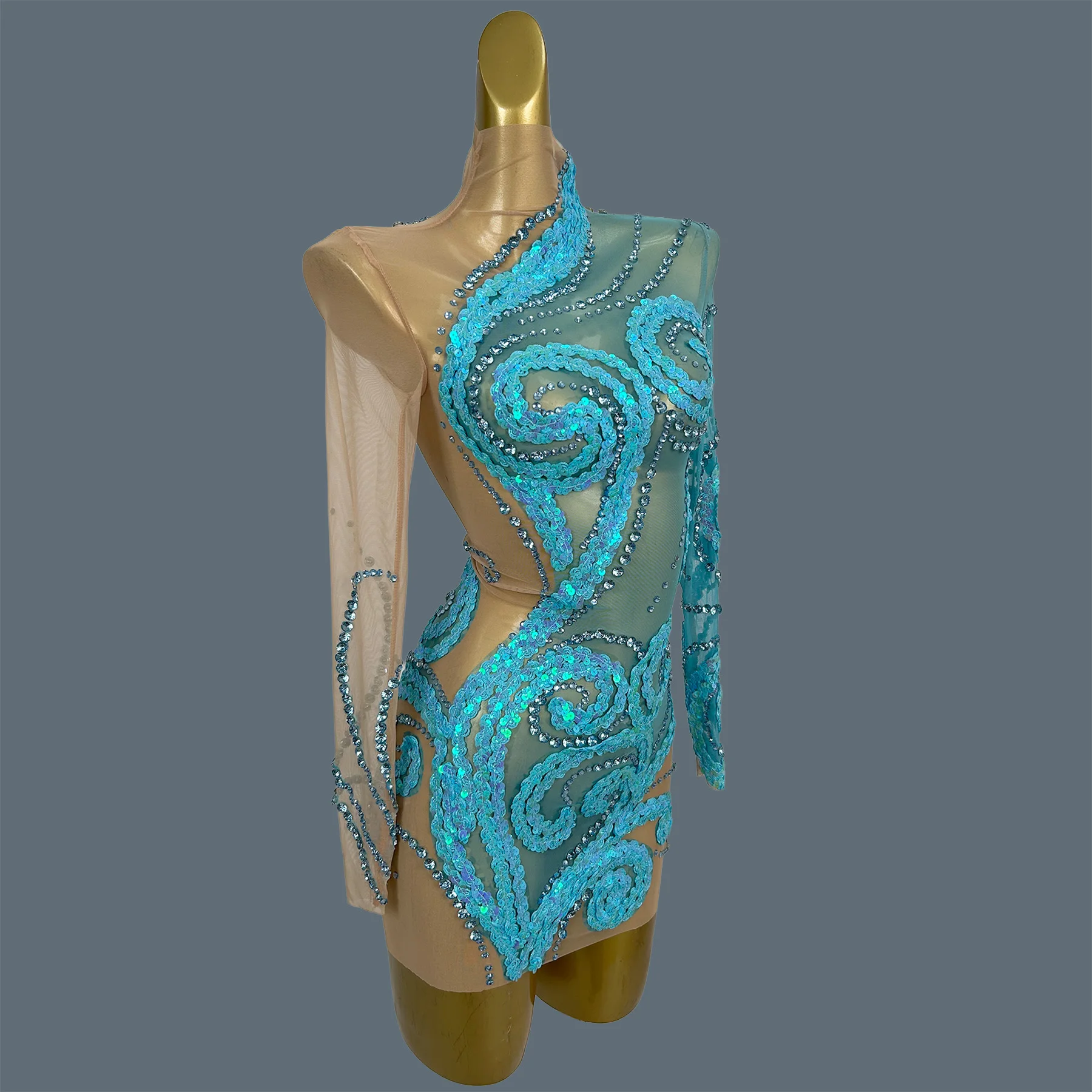 

Fashion Blue Sparkly Sequin Rhinestone Sheer Mesh Mini Dress Night Club Bodycon Party Dance Show Costume Event Outfit Chitang