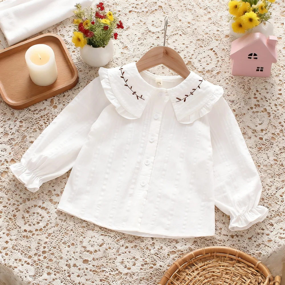 Pakaian Bayi & Anak Perempuan Musim Semi & Gugur Bordir Bunga Warna Solid Kemeja & Kaos Anak Perempuan Lucu Katun Gaya Preppy