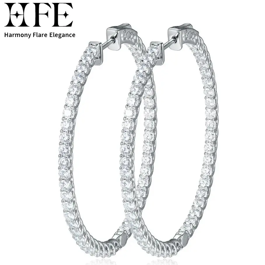 HFE Full Moissanite 50mm Hoop Earrings Sterling Silver Women's Style D Color VVS1 Lab-Created Diamond Studs Party Fine Jewelry
