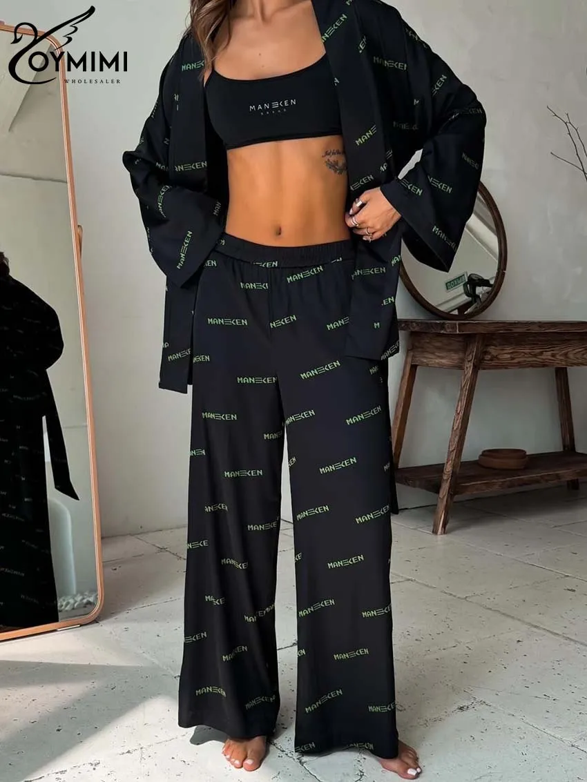 Oymimi Casual Black Print Women 2 Piece Set Outfit Elegant Long Sleeve Lace-Up Shirts And Low Waisted Straight Trousers Sets