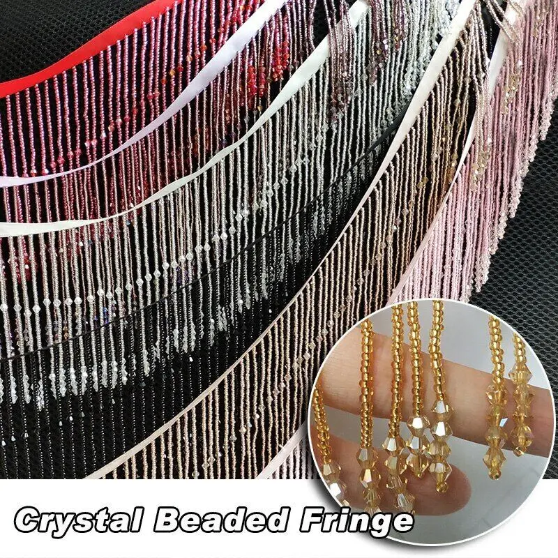 New Beaded 45cm Crystal Fringe Tassel Trim Ribbon Dance Costume Dress 10/15CM width Applique Banding For Crafts