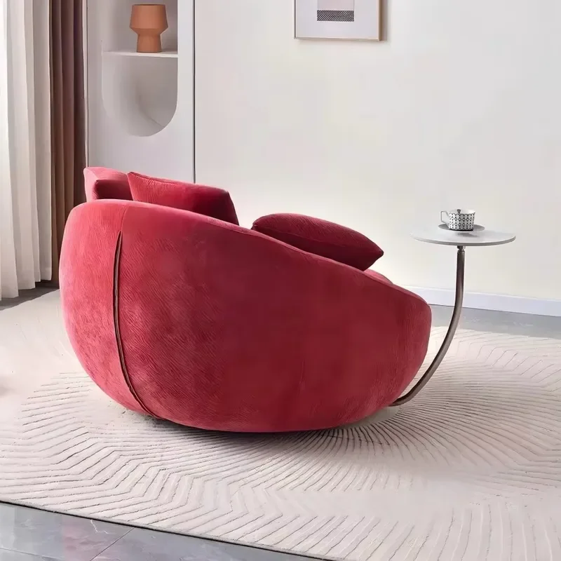 Modern Round Red Chenille Fabric Reclining Leisure Armchair Plush Upholstered Iron Frame Bedroom Living Room Home Furniture