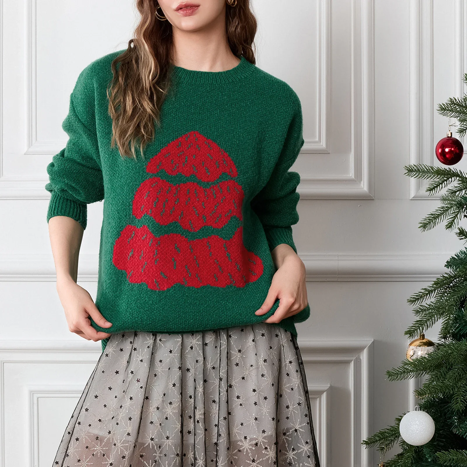 Women's Christmas Tree Sweaters Drop Shoulder Long Sleeve Round Neck Ribbed Loose Knitted Tops