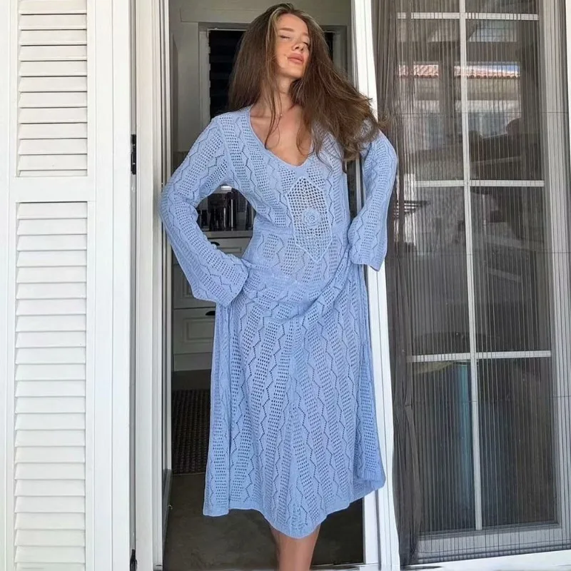 

Talenza Knitted Hollow Long Dress Women's Solid Long Sleeve V-Neck Sexy Long Dress See-through Slim Party Vacation Dress Robe