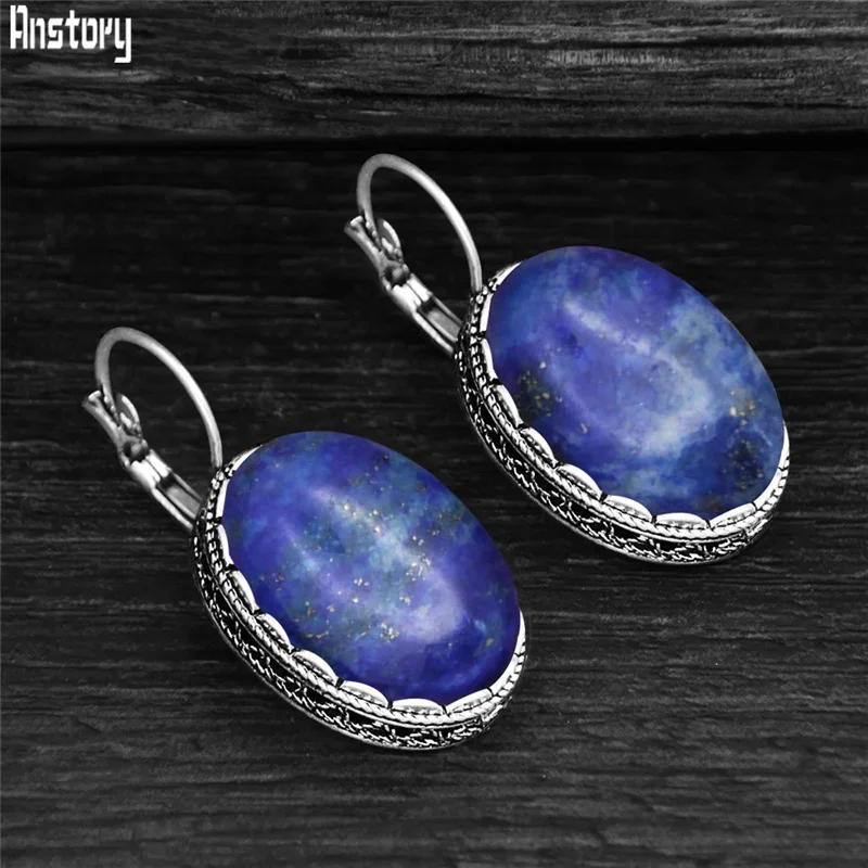 Vintage Big Oval Natural Quartz Jades Amethysts Earrings For Women Nautral Stone Lapis Lazuli Unakite Moonstone Fashion Earring