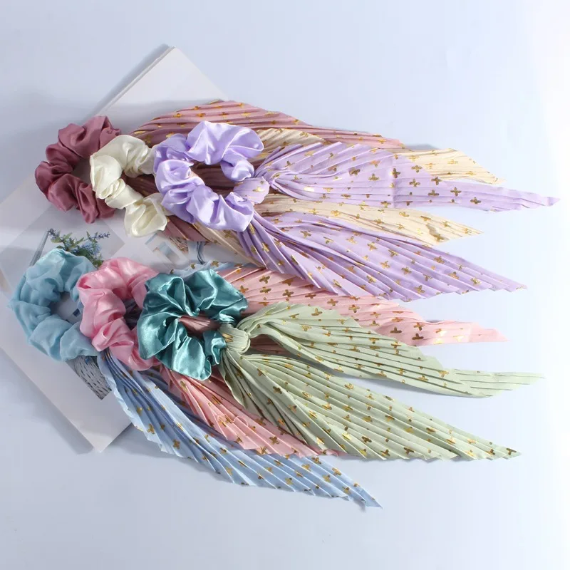 New Handmade Creased Large Intestine Hairband with Vintage Fringes for Women's Ponytail Hair Accessory with Hair String