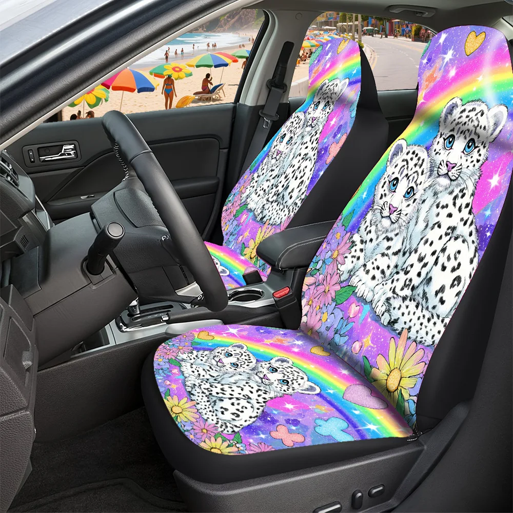 2-5 Seat Set Car Seat Covers, Unique Snow Leopard Rainbow Print, Durable Polyester Fabric, Universal Fit For Truck SUV Off-Road