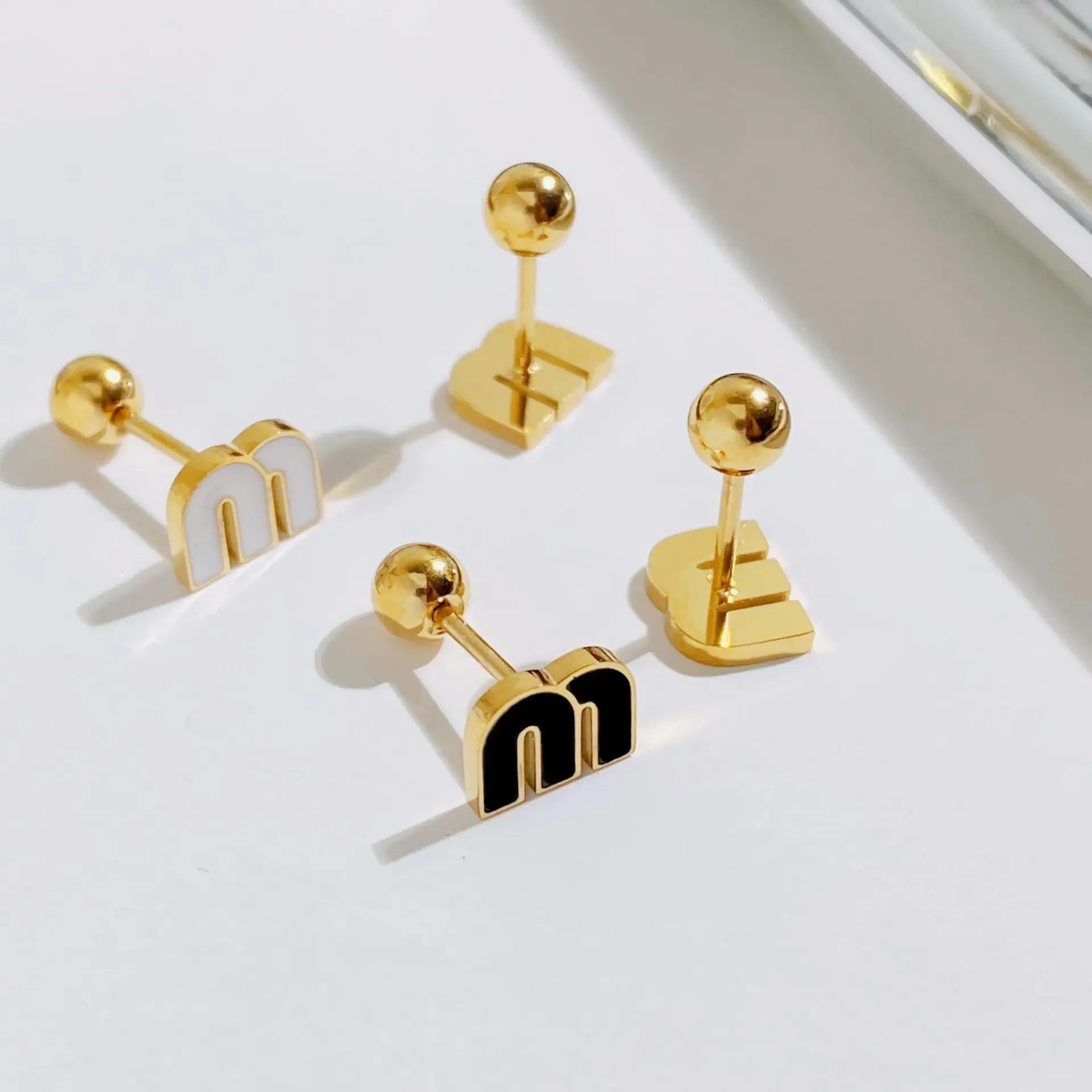 TOFFLO Fashion Colorful Oil Dripping Letter M Charm Stainless Steel Stud Earring Small Ball Screws Earrings Piercing Jewelry