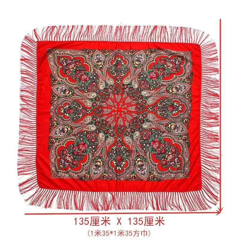 130*130cm Russian Style Floral Print Square Scarf Big Size Bandana Handkerchief Ukrainian Scarves Fringed Shawl Babushka Hijab