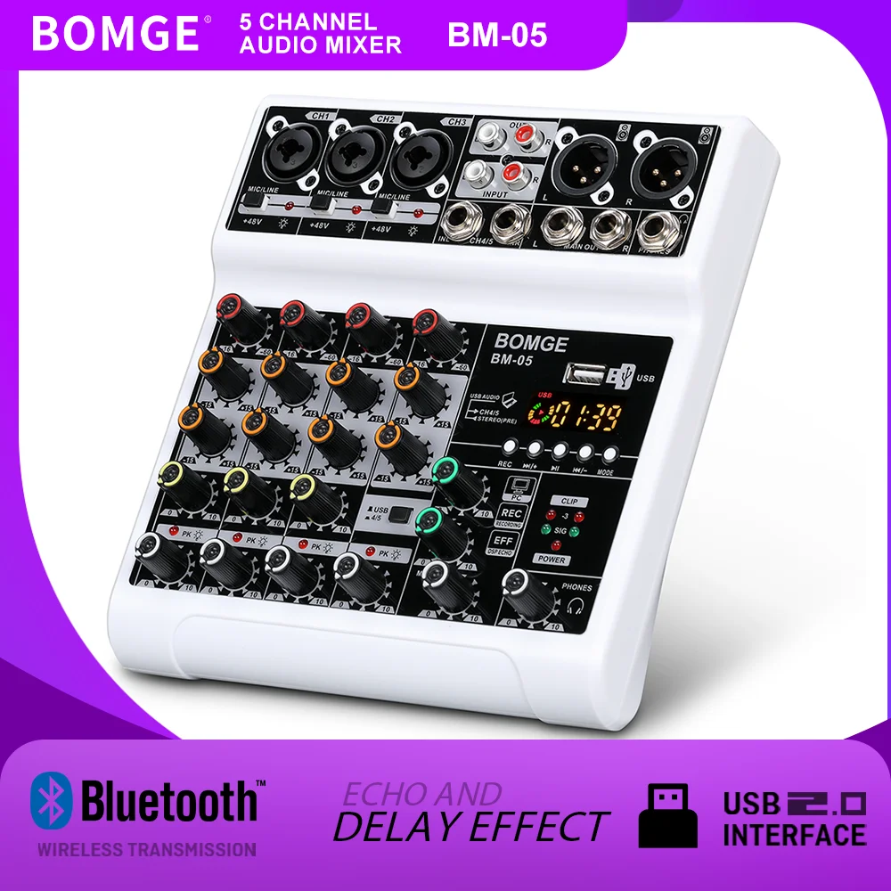 Audio Interface - BOMGE 5-Kanal-Audiomixer, tragbares DJ-Karaoke-Mischpult mit USB-Schnittstelle,
