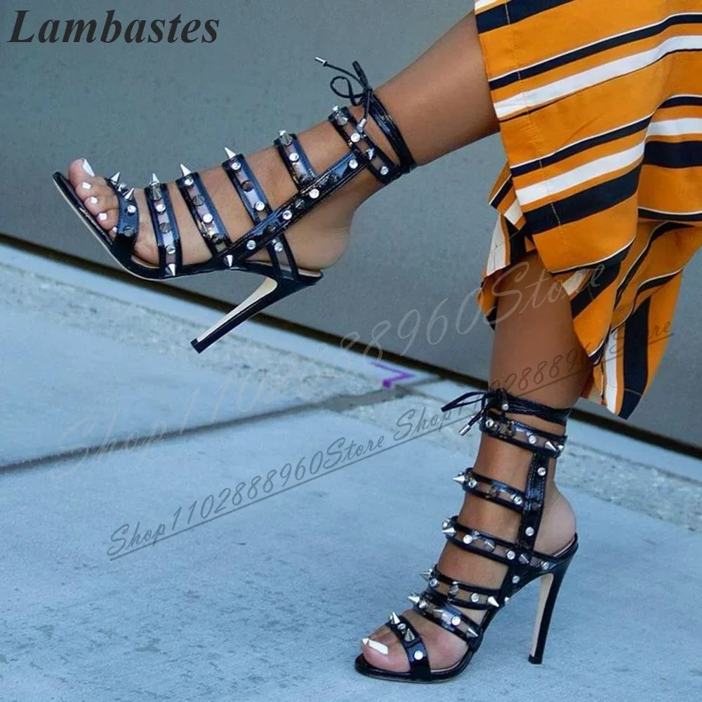 

Trending Black Rivet Decor Strappy Sandals Thin High Heel Shoes For Women Lace Up Open Toe 2024 Fashionable Zapatillas Mujer