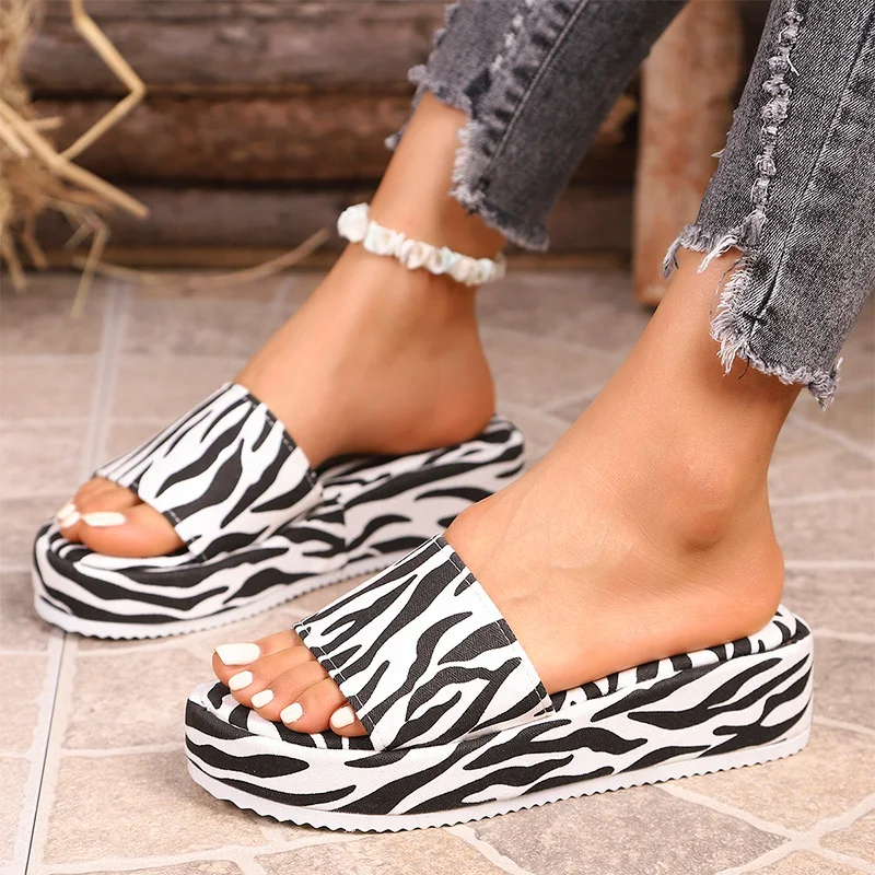 

Zebra Print Wedges Sandals for Women Thick Sole Chunky Platform Casual Slippers 2025 Summer Light Comfort Non Slip Slippers