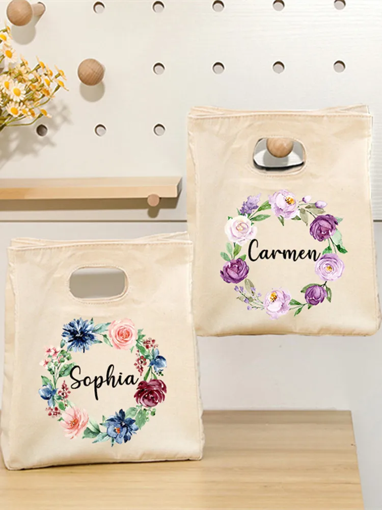 Personalized Flower Insulated Lunch Bag Women Kids Cooler Bag Custom Name Thermal Pouch Portable Ice Food Picnic Bags Best Gifts