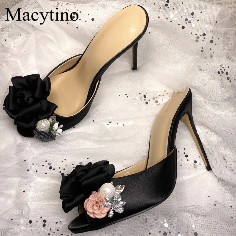 

Black Rose Flower Design Ladies High Heel Slippers Round Toe Stiletto Heel Slippers Summer Fashion Party Slippers