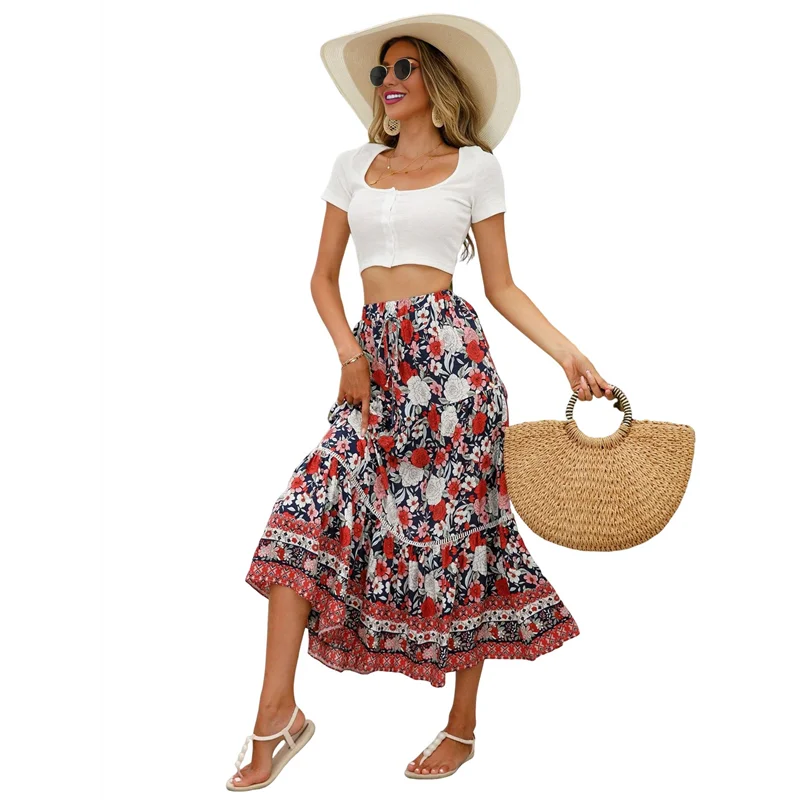 A09P تنانير طويلة للنساء 2025 الصيف بوهو طويل فلوي الأزهار مرونة عالية الخصر تنورة تنورة السفر غير رسمية #2