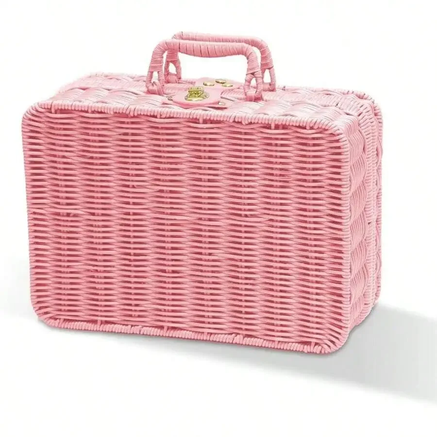 

Wicker Picnic Basket, Decorative Prop Suitcase Vintage Storage Hamper Organizer, 11.5 Inch Metal Lock Rattan Storage Box With Ha