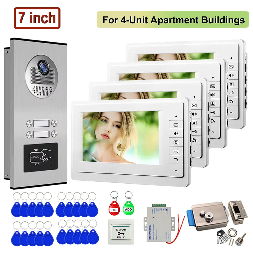 

7 inch Color Video Doorbell Metal Outdoor Camera Video Door Phone Intercom System for 2/3/4 Multi apartment RFID Access Unlock