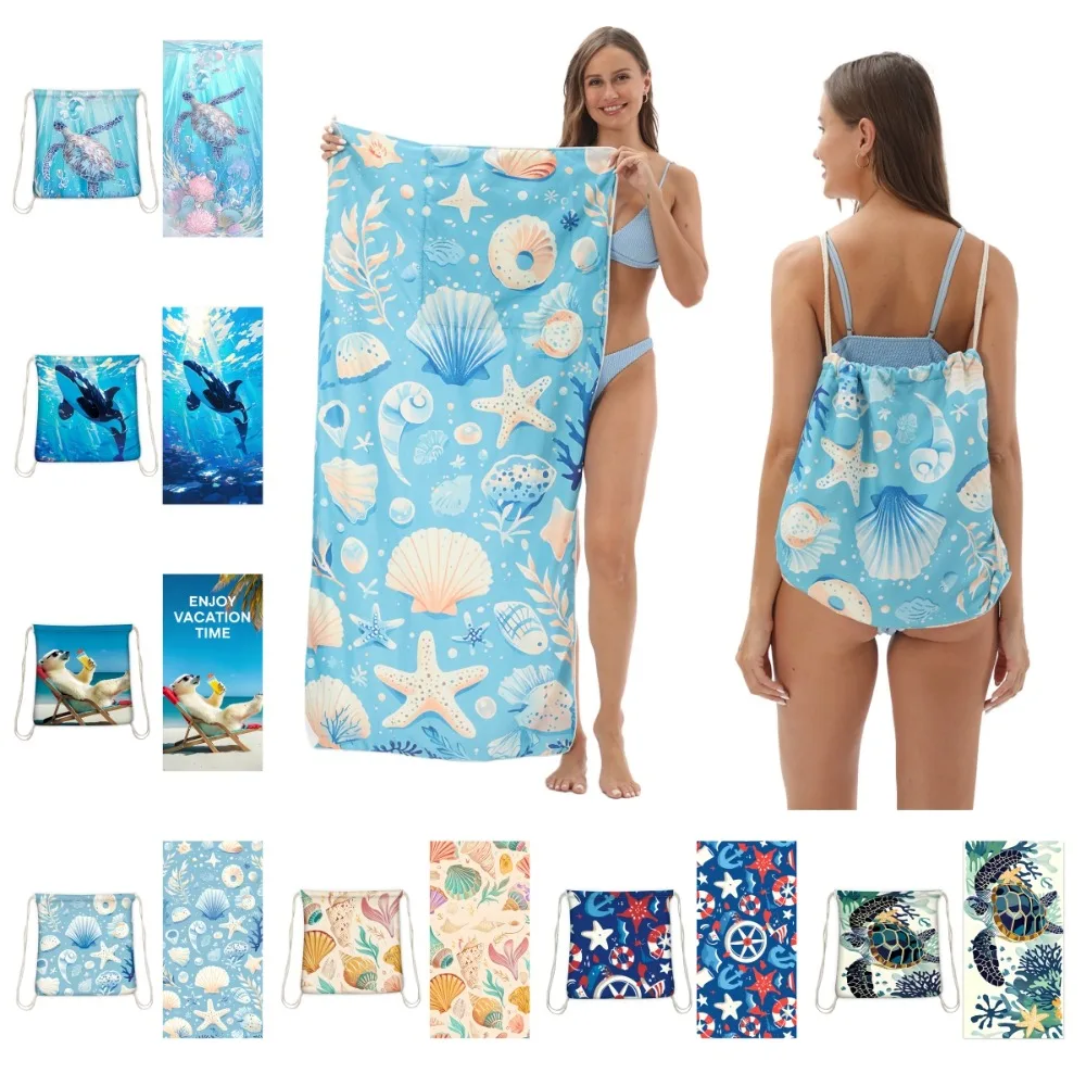 

Puppy Lightweight Beach Towel Backpack Holiday Portable Seaside Towel Large Capacity Cartoon Drawstring Bag Beachside