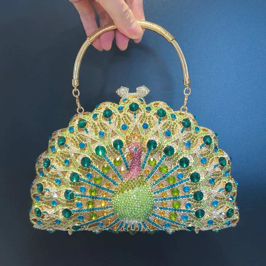 

New Peacock Style Shell Handbags Diamond Evening Bags for Women Metal Luxury Rhinestone Clutch Purse Chains Shoulder Bag Party