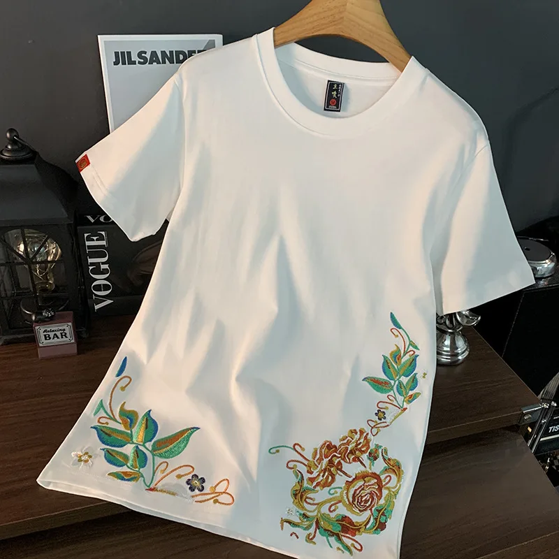 النمط الصيني التطريز الراقية الرجال الصيف تصميم شخصي عارضة أزياء العرقية نمط قصيرة الأكمام تي شيرت