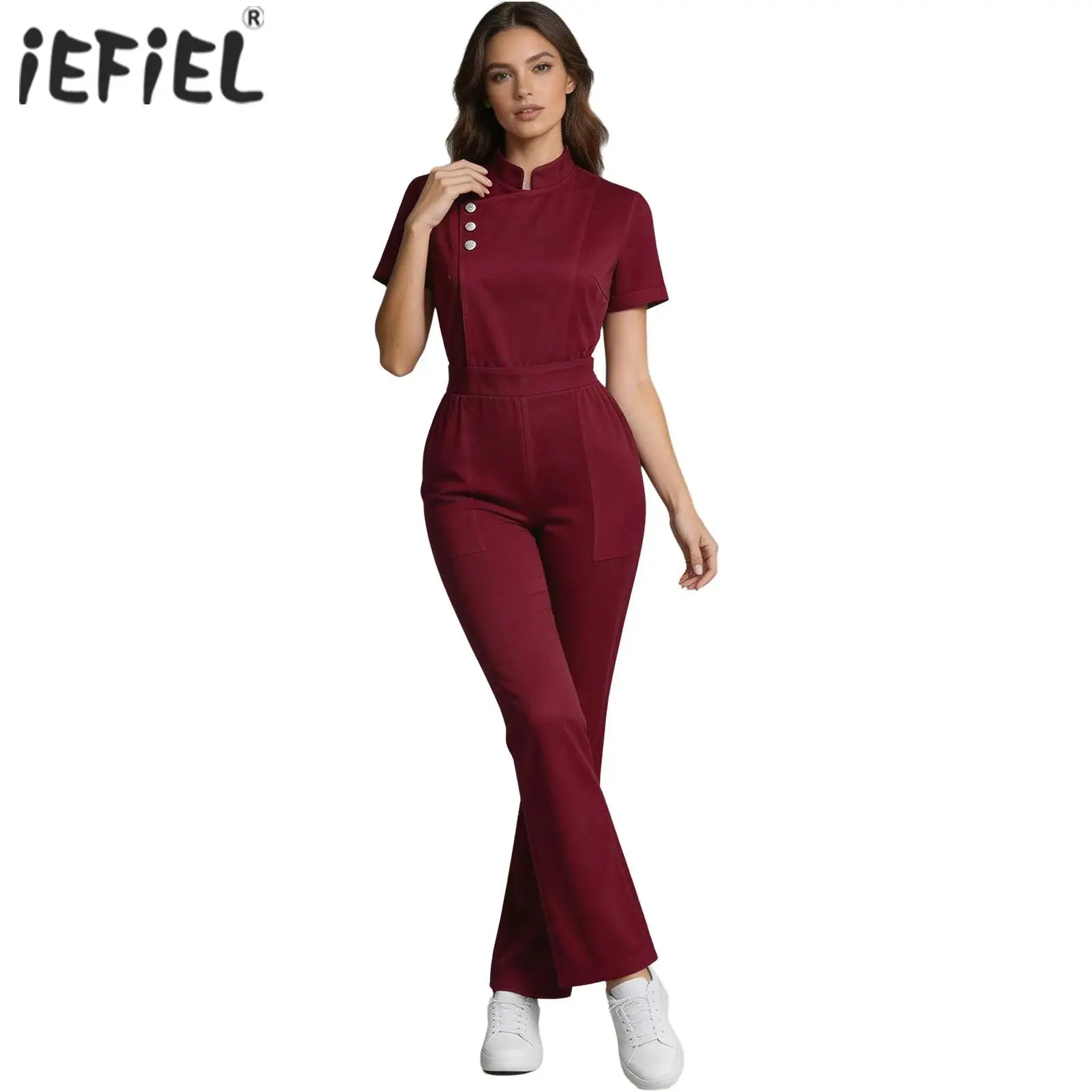 Women Stand Collar Scrub Jumpsuit Button Side Zipper Short Sleeve Flared Pants Beauty Salon Medical Nurse Uniform with Pockets