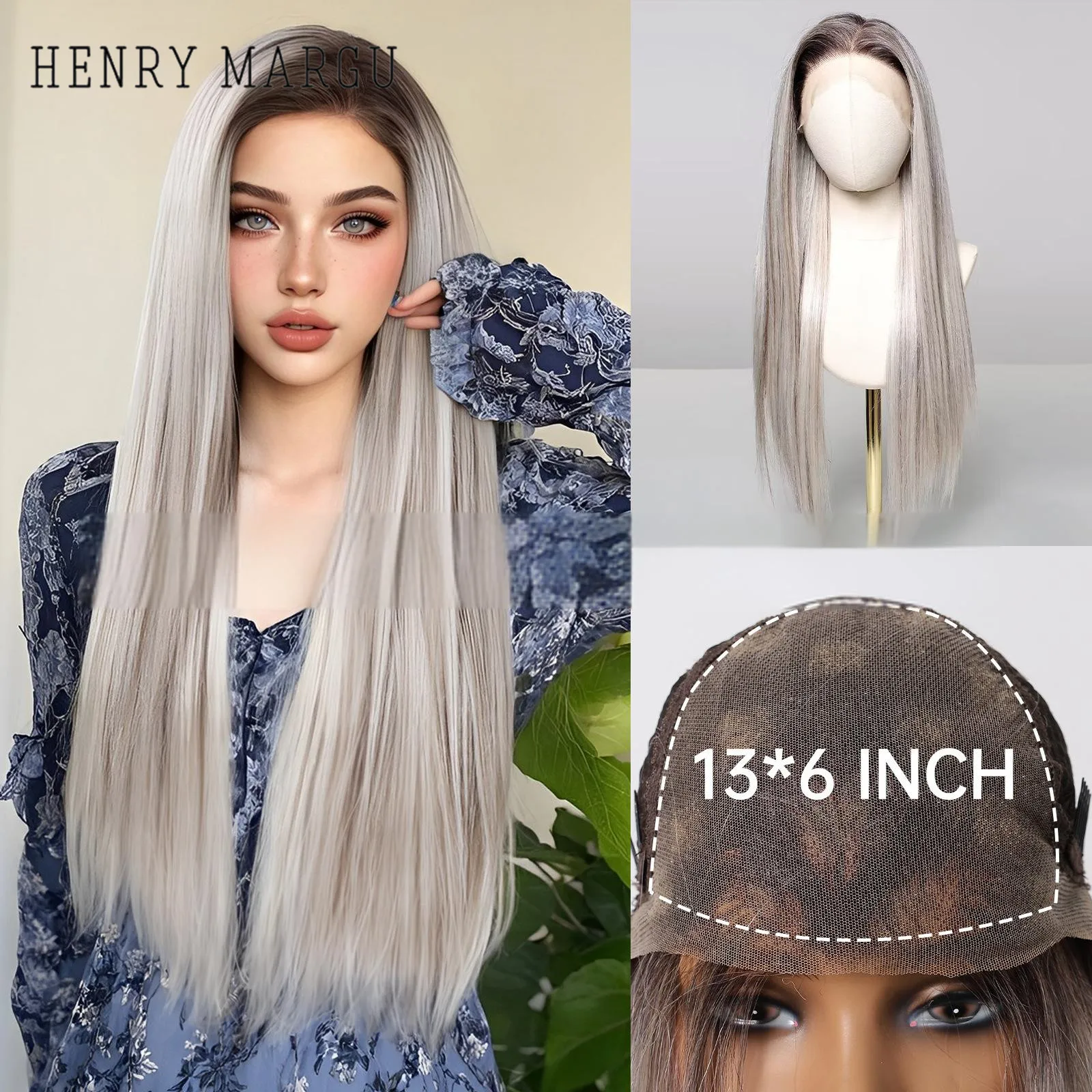 

HENRY MARGU Blonde Highlight Synthetic Lace Wigs Ombre Platinum Blonde Straight Wigs 13*6 Lace Front Wig Natural Hairline Soft