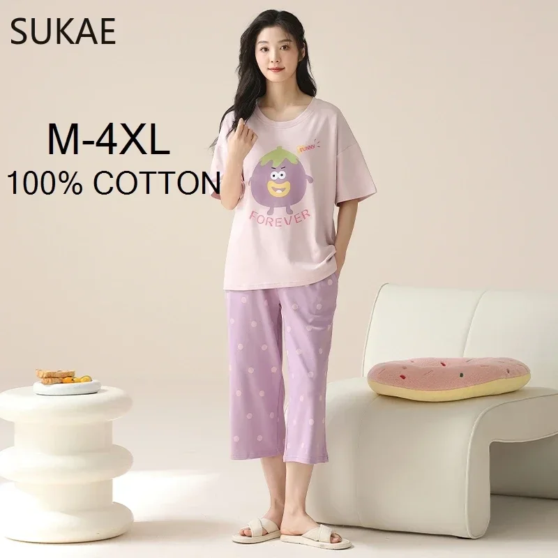 SUKAE 100% Cotton M-4XL Women Pajamas Set Summer Sleepwear Short Knee-length Pants Nightwear Capris Loungewear Cartoon Pijama