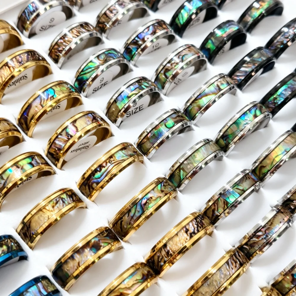 50Pcs Wholesale 6mm 8mm Width Stainless Steel Rings Inlaid Natural Abalone Shell Unisex Band Mixed Sizes for Resellers