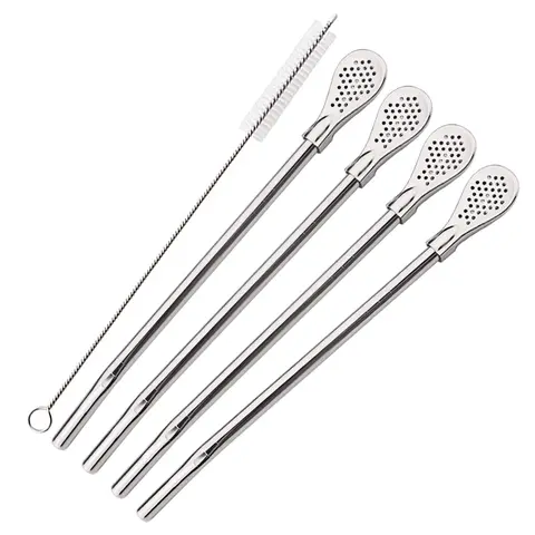 5Pcs/Set Silver Stainless Steel Drinking Straws Washable Reusable Yerba Mate Spoon Filter Straw for Cocktail Bar Accessories