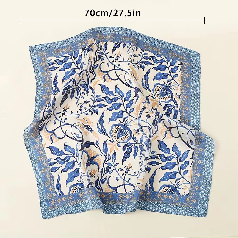 1pcs 70cm Floral Pomegranate Silk Scarf for Women Imitation Silk Light Blue Simple Versatile Headwear Clothing Square Scarf