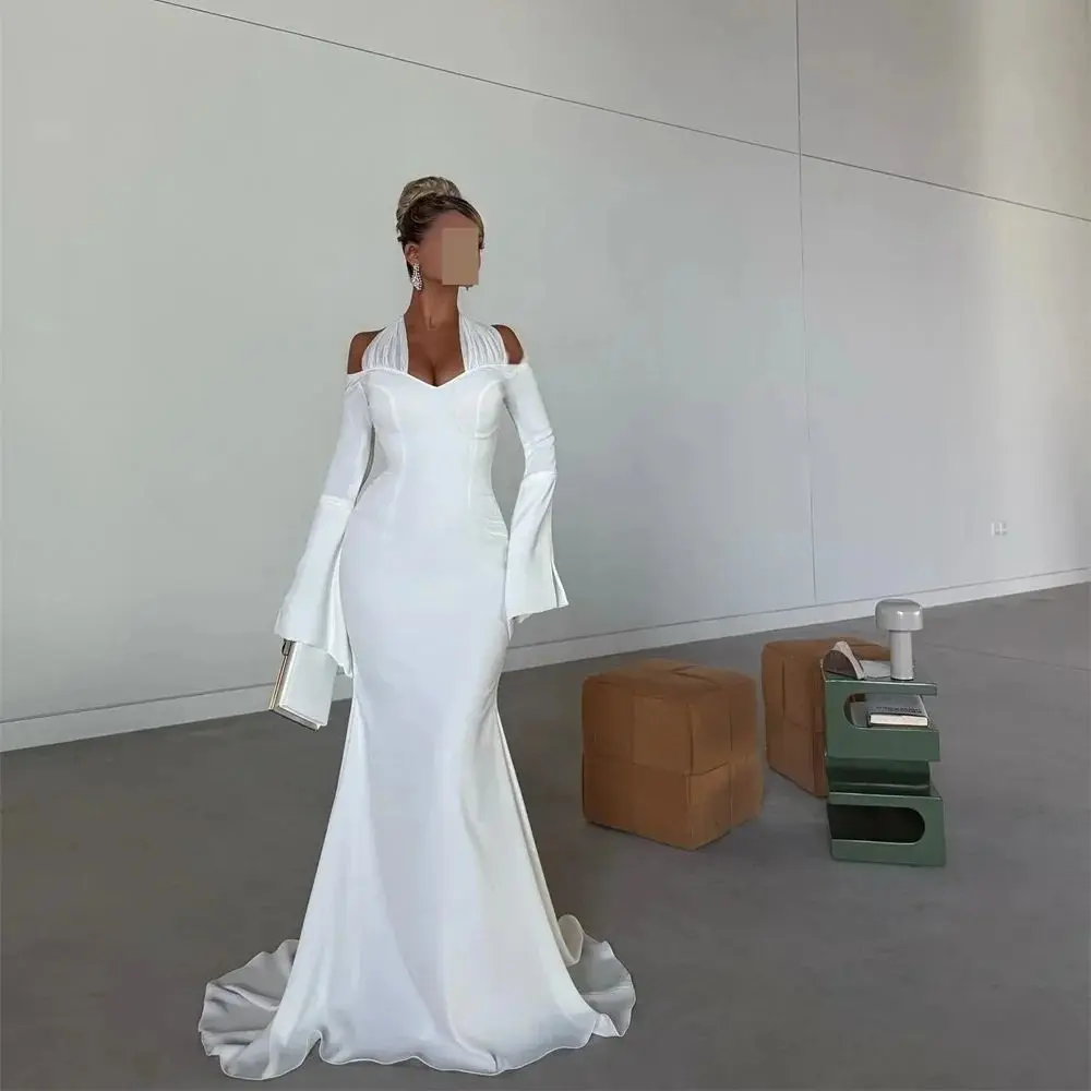 

Halter Long Sleeves Bespoke Occasion Gown Evening Dresses Prom Pastrol Unisex Jersey Retro Dubai Saudi Arabic Customized