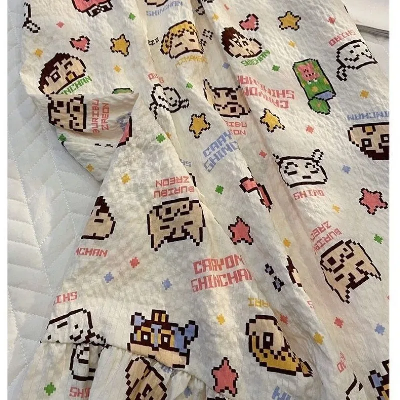 Crayon Shin-chan Nightdress Cute Cartoon Floral Grid Nightdress with Padded Cups Summer New Fashion Leisure Versatile Homewear view 4