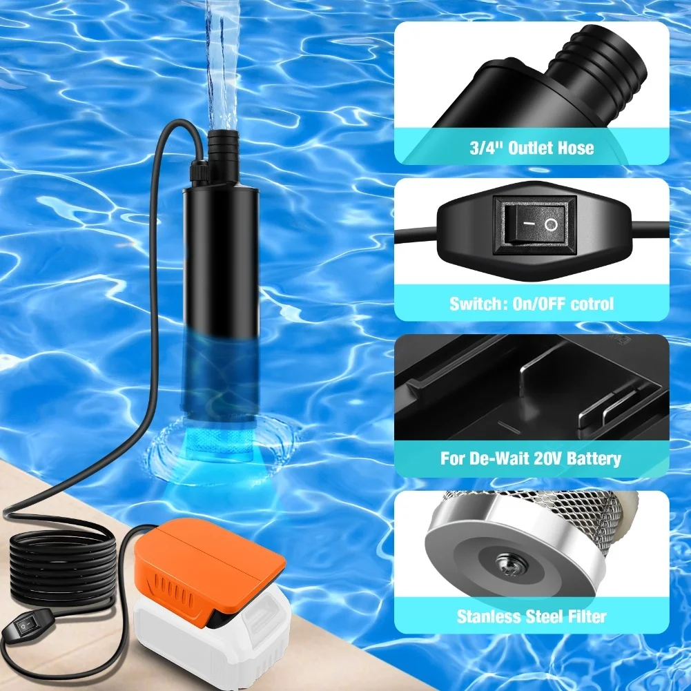 Die elektrische kabellose Tauchpumpe ist mit 18-V-Batterieadaptern Bosch/Dewalt kompatibel und eignet sich für Gärten, Pools, Teiche