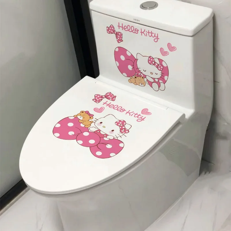 Kawaii sanrio olá kitty 3 peças adesivo de vaso sanitário tampa de vaso sanitário adesivo de parede decoração de vaso sanitário à prova d'água brinquedo artesanal