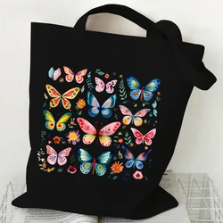 Skeleton Flower Pattern Canvas Shoulder Bag Vintage Flower Butterfly Print Tote Bags Retro Skull Butterfly Print Women's Handbag